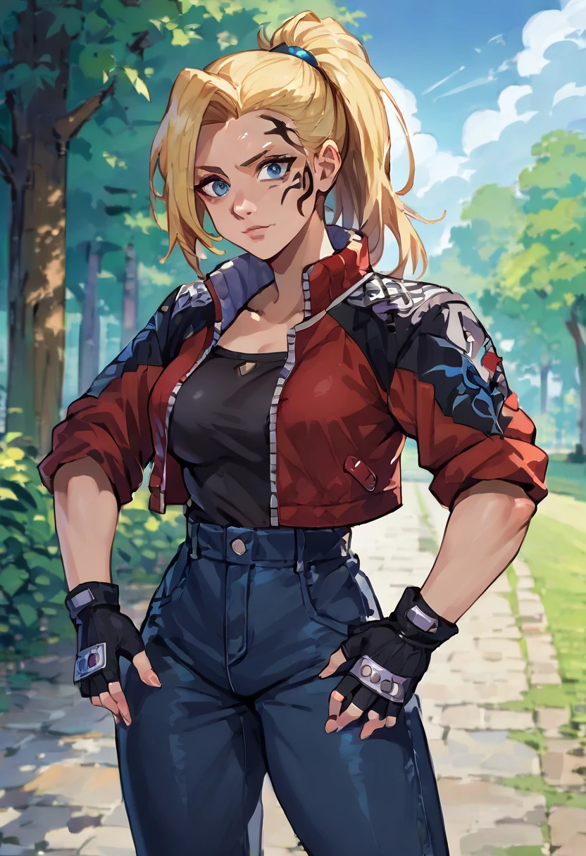 score_9, score_8_up, score_7_up, 1girl, solo, (female:1.5), female focus, female body, solo, zell, solo, blue eyes, gloves, jacket, blonde hair, long hair, medium ponytail, tattoo, gloves, facial tattoo, red jacket, black jacket, two-colours jacket, black shirt, fingerless gloves, shorts denim, standing, smiling, hands on shorts, ((pulling down shorts)), white panties, looking at you, city,