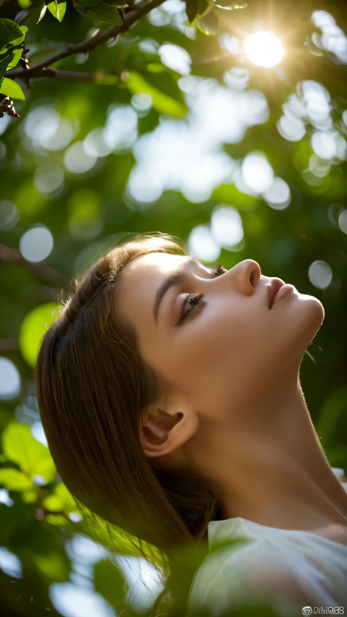 a beautiful girl, 1girl, top view, high angle, dramatic lighting, atmospheric lighting, cinematic lighting, stunning lighting, epic lighting, dramatic contrast, chiaroscuro, volumetric lighting, god rays, backlighting, natural lighting, diffused lighting, warm lighting, soft lighting, glowing skin, detailed facial features, beautiful eyes, long eyelashes, cute expression, serene expression, peaceful expression, looking up, outdoors, nature, lush foliage, forest, garden, green leaves, dappled sunlight, photorealistic, hyperrealistic, 8k, best quality, masterpiece, intricate details, highly detailed