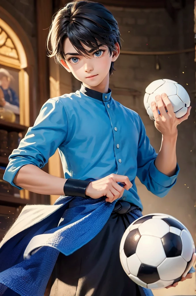 Young sorcerer man with holding soccer ball