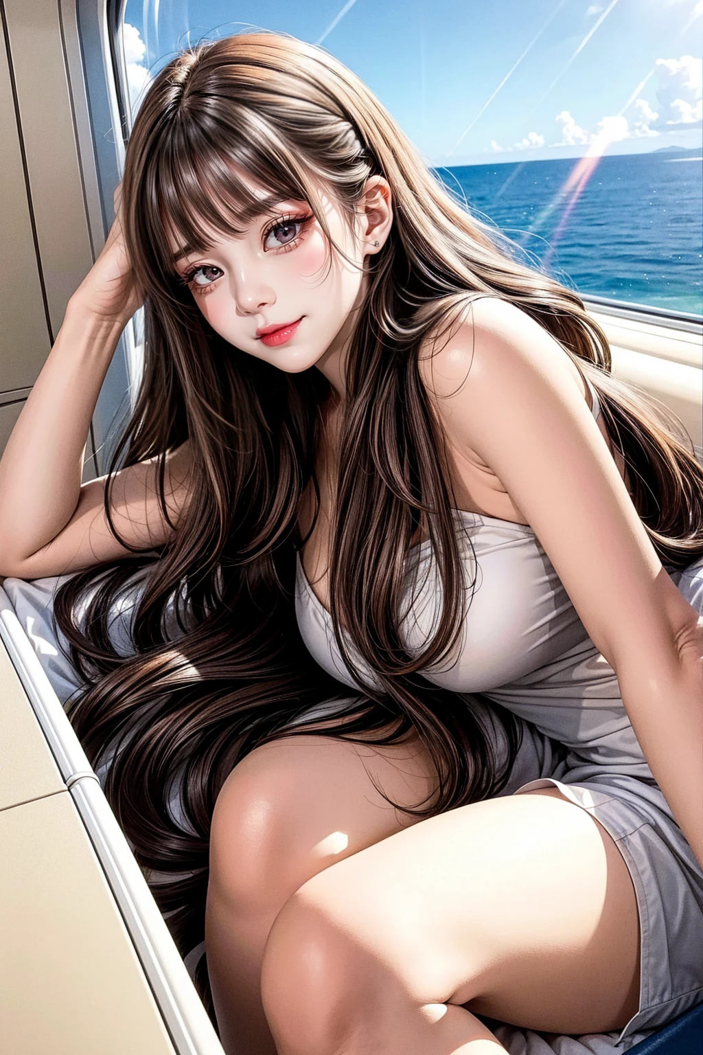 sleeping in the plane, nude, prone position. with a shy face. long wave hair, brown eyes.