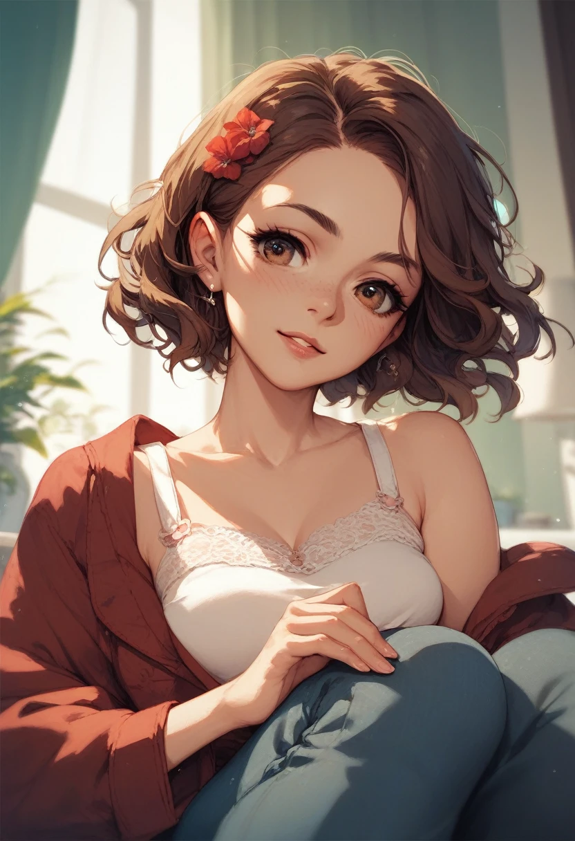 A girl, white, Brown eyes, wavy brown fur, short hair, red women's tank top, mini shorts with brown belt, Medium large breasts, Wide hips, a little skinny but not much, loving and somewhat terrifying expression, basement.