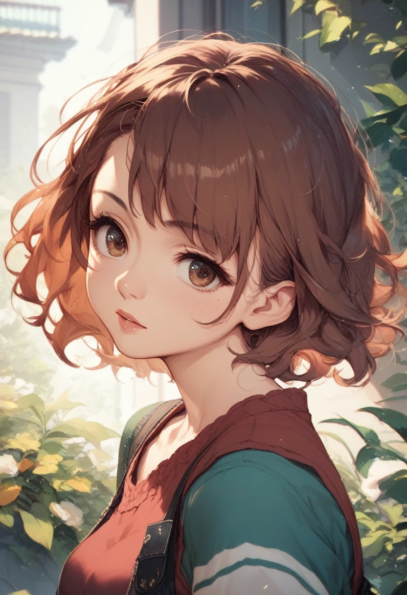 A girl, white, Brown eyes, wavy brown fur, short hair, red women's tank top, mini shorts with brown belt, Medium large breasts, Wide hips, a little skinny but not much, loving and somewhat terrifying expression, basement.