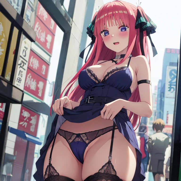 best quality, insanely detailed, nino nakano, breasts, blush, public background, bare-shoulder, a ribbon, stockings, pussy, blue lingerie garterbelt, cheerful eye, nsfw, Taut Underwear