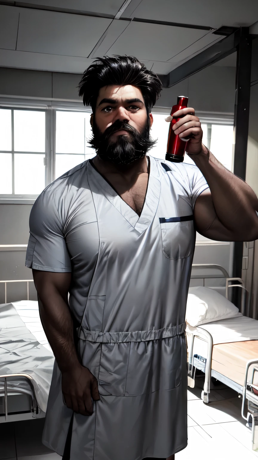 An award-winning original photo,A wild muscular indian man, (thick beared 25 years old:1.3), 1boy, Solo, (opened white doctor dress shirt), (white trouser), stethoscope in neck, standing in clinic, black hair, (big shoulders), musculature, stubbles, beard, Beautiful eyes:1.3, ), (Detailed face:1.3), dimples, (drink a cup of tea), Dynamic Angle, volumetric lighting, (Best quality, A high resolution, Photorealistic), Cinematic lighting, Masterpiece, RAW photo, Intricate details, hdr, depth of field, upper body, His perfect( big huge penis) is (coming out) of his pant,masterpieces