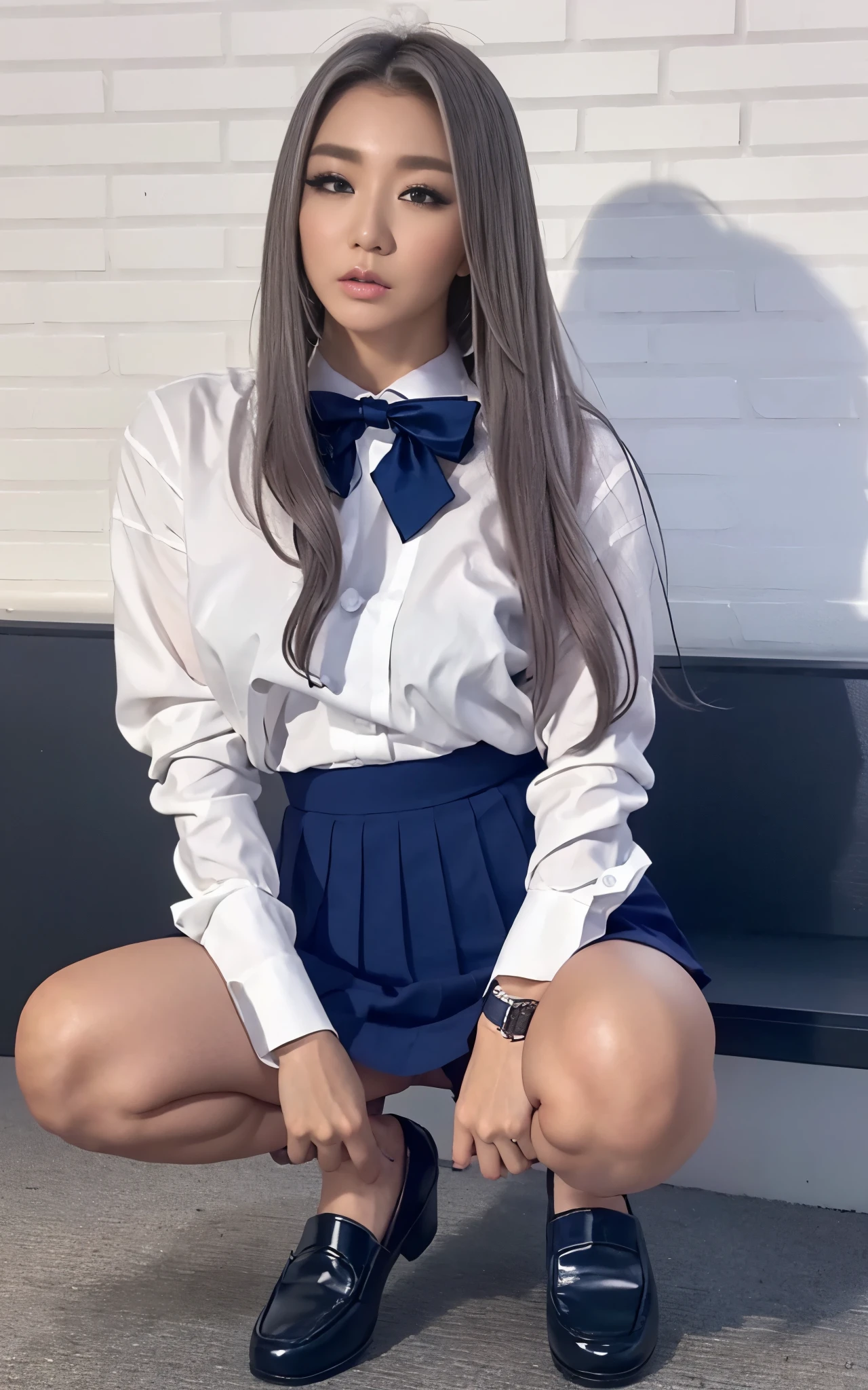 1 office lady, Super beautiful, beauitful face:1.5, Clear pubic contours, Squatting and Spread your legs, show white panties:1.4, high-school uniform, Dark blue pleated skirt, Wear black loafers, Sidewalk in Shibuya at night, Neon sign, 