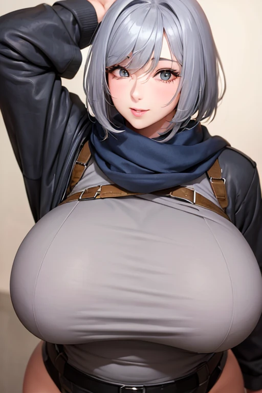 Mommy short gray hair huge with very big and huge breasts with tactical uniform and scarf very beautiful and very detailed