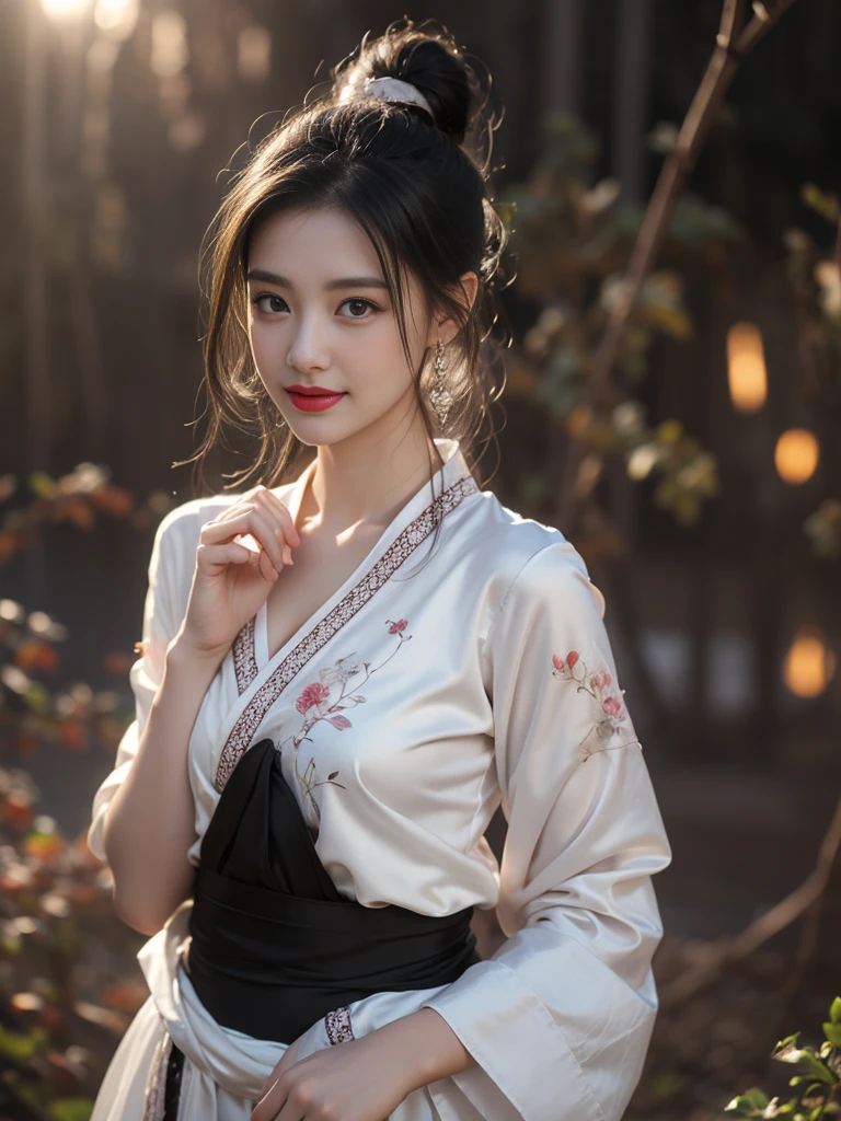 1 beautiful girl in Hanfu costume, ((thin black and white silk shirt with many patterns)), white lace shirt, long platinum purple ponytail. Hair, Jewelry, earrings, thin black silk scarf, carefully drawn big purple eyes, careful makeup, thin eyebrows, high nose, beautiful red lips, cheerful smile, pursed lips, rosy cheeks, wide chest, big chest, shapely chest, slim waist, shapely buttocks, purple mesh stockings, Chinese hanfu style, fictional art texture, many bright and realistic colors, RAW Photos, Realistic Photos , ultra high quality 8k surreal photo, (effective fantasy lighting effect: 1.8), 10 x pixels, magic effect (Background): 1.8), super detailed eyes, full body portrait of girl, vineyard, dynamic, pose