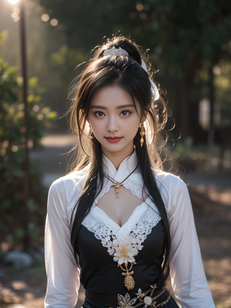 1 beautiful girl in Hanfu costume, ((thin black and white silk shirt with many patterns)), white lace shirt, long platinum purple ponytail. Hair, Jewelry, earrings, thin black silk scarf, carefully drawn big purple eyes, careful makeup, thin eyebrows, high nose, beautiful red lips, cheerful smile, pursed lips, rosy cheeks, wide chest, big chest, shapely chest, slim waist, shapely buttocks, purple mesh stockings, Chinese hanfu style, fictional art texture, many bright and realistic colors, RAW Photos, Realistic Photos , ultra high quality 8k surreal photo, (effective fantasy lighting effect: 1.8), 10 x pixels, magic effect (Background): 1.8), super detailed eyes, full body portrait of girl, vineyard, dynamic, pose