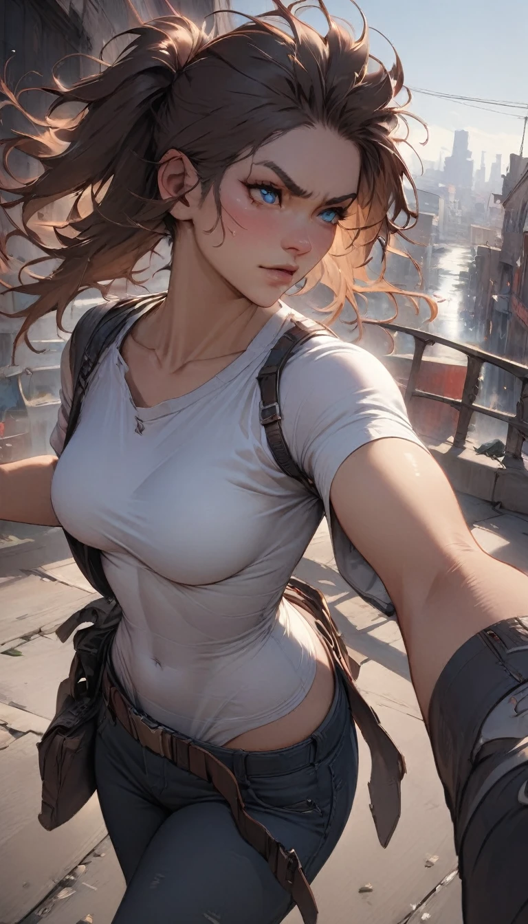 best quality,4k,8k,highres,masterpiece:1.2),ultra-detailed, extremely detailed eyes, extremely detailed body, (large masterpiece digital art), (detailed manga illustration), (detailed line art), ((perfect ???????)), (intricate details:1.3), (ultra-detailed:1.3), (illustration:1.3), (sharp focus:1.3), (natural lighting:1.05), (vivid colors:1.3), (masterpiece), (best quality:1.4), (perfect ???????:1.4), high quality, expressive eyes, full body, detailed face, beautiful face, perfect face, 1boy, angry, ((male focus)), muscular, detailed messy hair, long hair, brown hair, blue eyes, t-shirt, jean pants, sneakers, cinematic lighting, dramatic atmosphere, Atey Ghailan, Jeremy Mann, Greg Manchess, Antonio Moro, trend in ArtStation, trend in CGSociety, Intricate, High Detail, Sharp focus, dramatic and photorealistic painting art by Midjourney and Greg Rutkowski, Jeff Bridges, ((cartoon style)), Marvel Cinematic Universe style, (((ruined city in the background))),