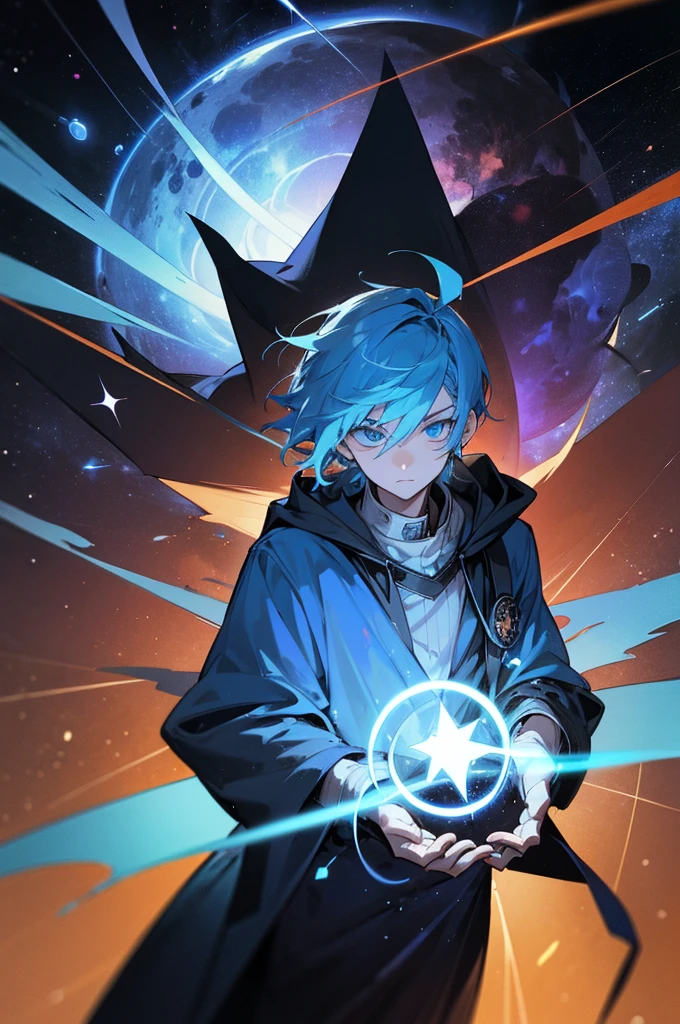 A young man with blue hair and blue eyes, wearing a blue hooded robe, deploying a huge black magic circle, background: distortion of space-time, asteroid belt, supernova explosion in hand, upside down