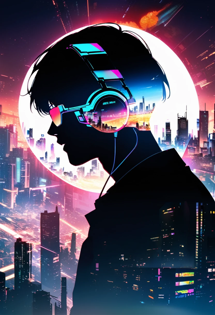 silhouette of a man in profile. short hair, (((sun glasses:1.3))), (headphones:1.3), Inside the silhouette you can see the  with a deep cyberpunk, city, supernova explosion, cyberpunk night city back ground（masterpiece), ((double exposure)), proportional.,DOUBLE EXPOSURE