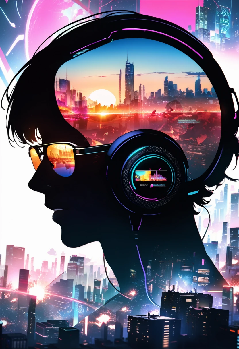 silhouette of a man in profile. short hair, (((sun glasses:1.3))), (headphones:1.3), Inside the silhouette you can see the with a deep cyberpunk, city, supernova explosion, cyberpunk night city back ground(masterpiece), ((double exposure)), proportional.,DOUBLE EXPOSURE