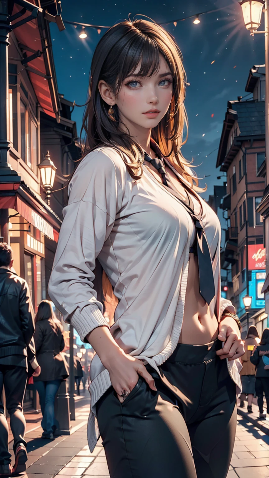 Highest quality, masterpiece, Cinema Lighting, Complex, cinematic detailed Realistic background, Detailed face, whole body, Small breasts, Realistic, Clear lines, , , A girl jogging, Cityscape, night, tie shirt, View your viewers, tattoo, Model pose, Open cardigan, Ring-shaped yellow eyes, Street lights, lamp post, Yoga pants, Split Color Hair, 、Sexy proportions、Narrow waist、Erotic female body