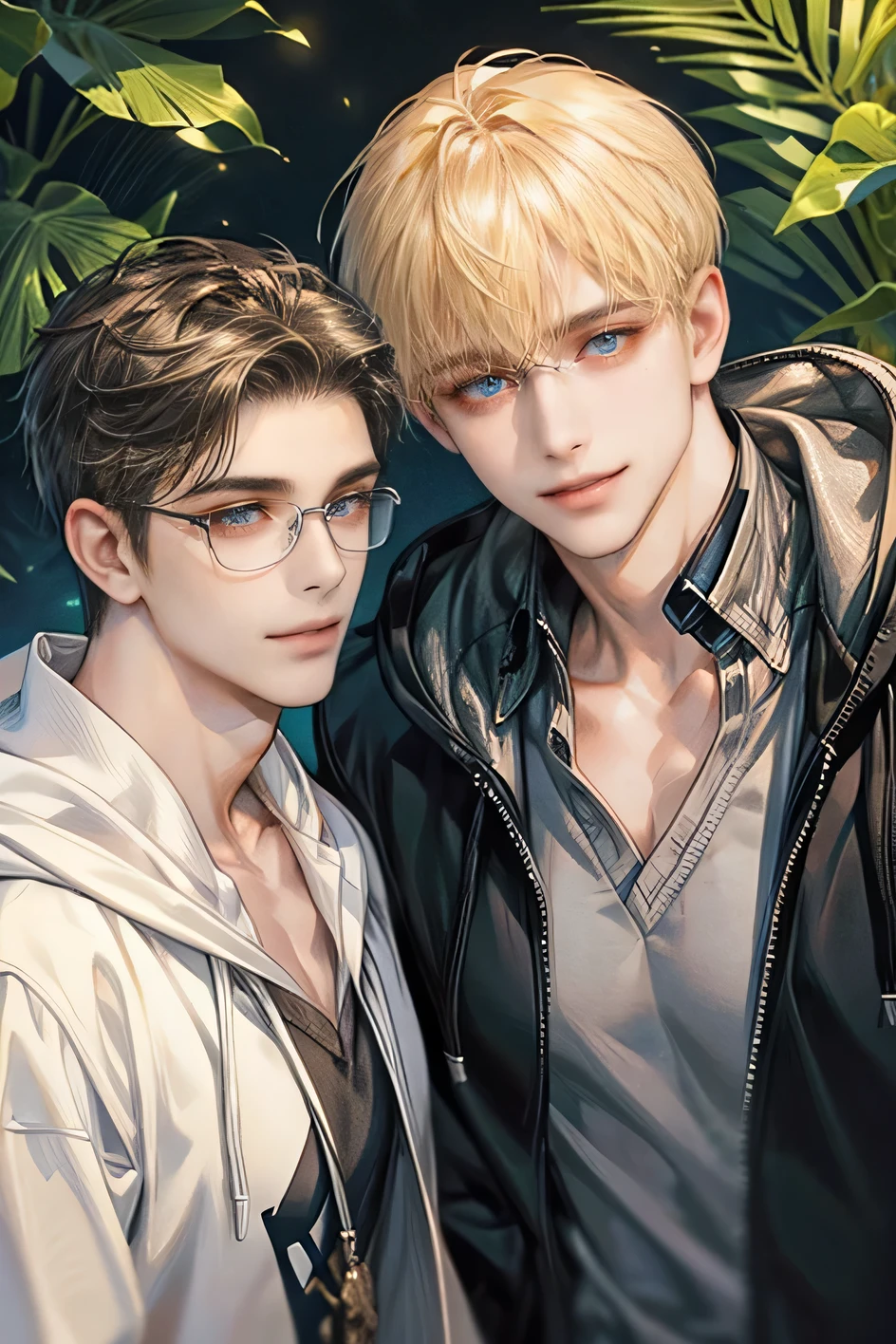 Close-up, bust, {{Two handsome young men}} , {{A blonde man and a black-haired man with glasses}} , Wearing a shirt and hoodie, smile, Nature background, Soft Light, high quality, {{Very detailed}}, masterpiece