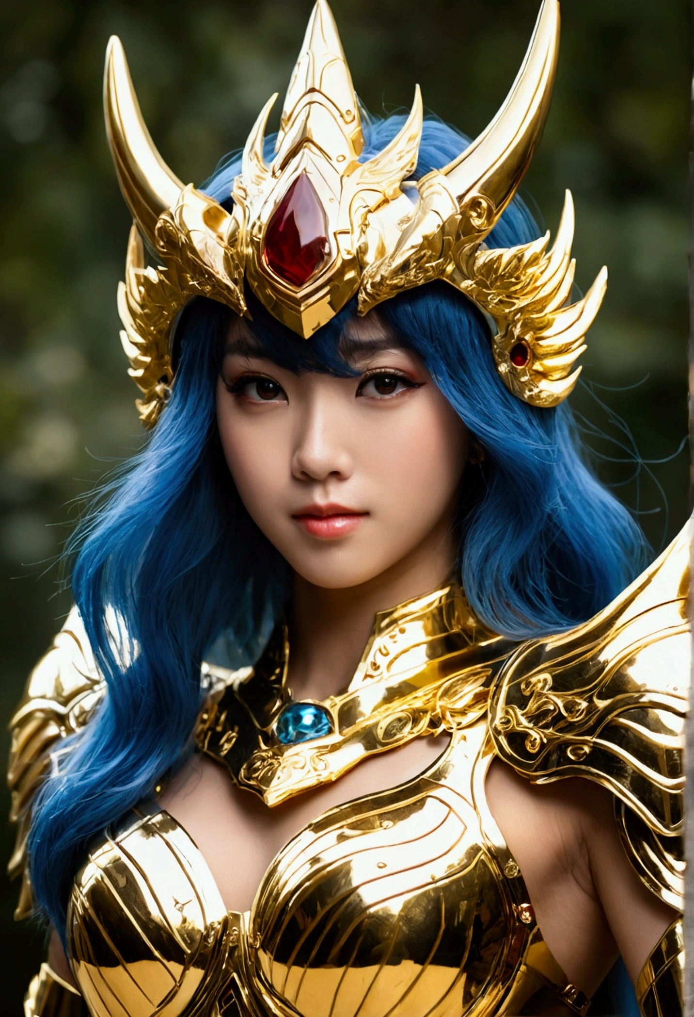 (1 girl), full bodyesbian,Saint Seiya Armor, Wearing the golden armor of an Aries,sexy armor, Detailed armor pattern,Bling armor,Gorgeous Hair in Long Purple,Plump breasts,gigantic cleavage breasts:1.6, Long hair,Shiny skin:1.4,primitive,tmasterpiece,ultra fine photos,,best qualtiy,Ultra-high resolution,Photoreality,rays of sunshine,full-body portraits,stunningly beautiful,,dynamicposes,delicated face,Vibrant eyes,(seen from the side),Red and gold color scheme,Very detailed stone temple background,detailed face with,Detailed and complex busy background,untidy,opulent,Highly detailed skin,Realistic details of skin,Visible Pore,tack sharp focus,volume fog,8K UHD,digital SLR camera,high qulity,filmgrain,White skin of the,photo-realism,DL, look from down, semi transparent