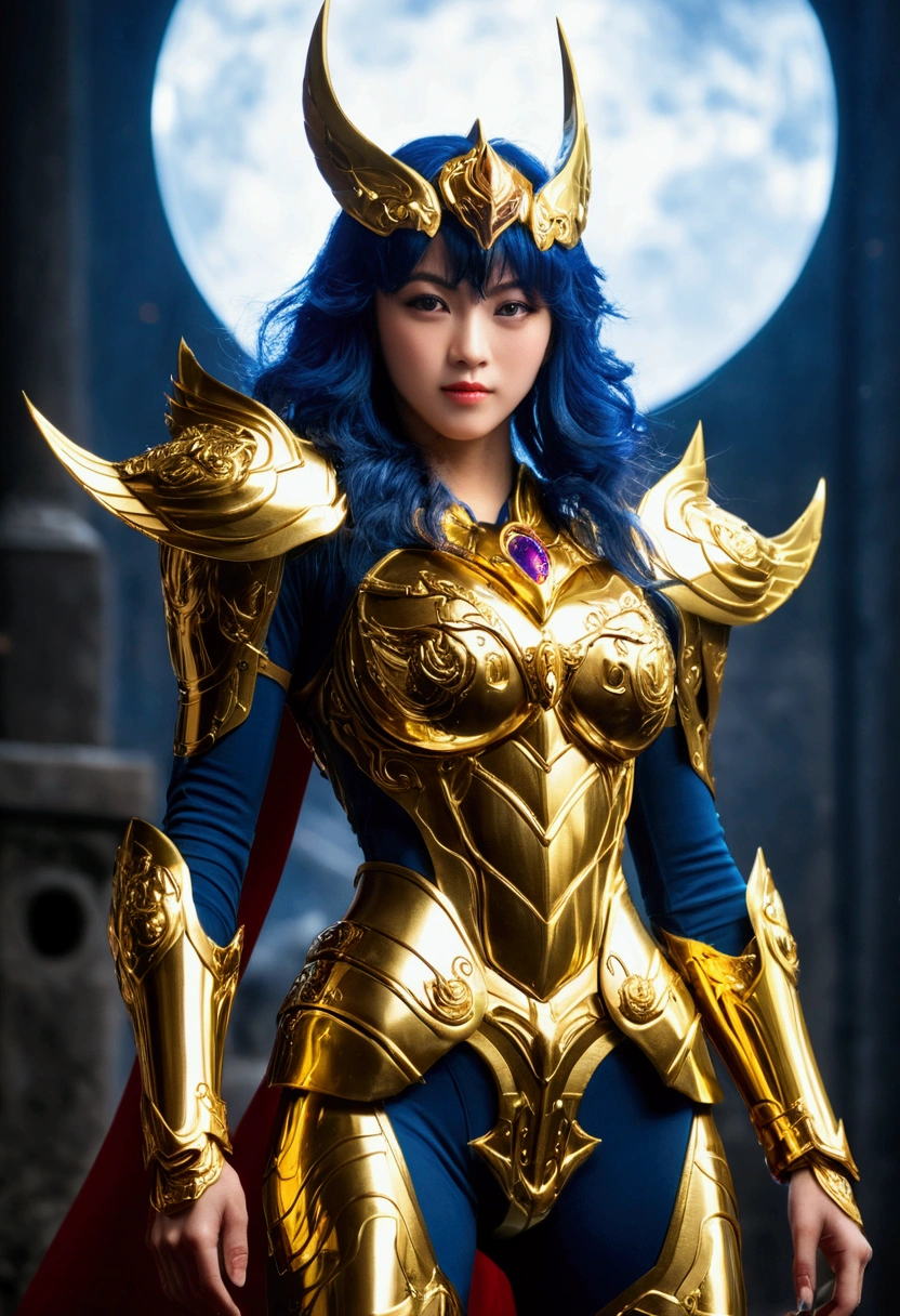 Gold Saint,A female warrior,The fighting intensified,Gold Warframe,Gorgeous decoration,sharp,Strong body,Clear lines,determination,Mysterious runes,There are unique lights around。professional , masterpiece、Top quality、Photo-realistic , 、Top quality、Ultra-high resolution、(Photorealistic:1.4)、RAW photos、Depth of Field (Gemstone gold metal body:1.9),(Matte white、Tostock、Cleavage、(Cleavage)、Navel(Navel)、Big Ass(Big Ass)Face Makeup Surprise、Glossy lipstick(Red lipstick)、(((Saint Seiya Gold Armor))),(Detailed dragon armor)、(Have the strongest weapon)、((Random hairstyle 1.6),Dark Fantasy,)explode、Fierce battles、(Steep cliffs),dragon gold weapon,Mysterious Expression、Light Particles、Battle Dragon、(Detailed dragon helmet),Ornate silver weapon ,(( Dragon's dense pattern Tianwu treasure wheel)) , Beautiful wheel-shaped weapon ,Warhammer 40k ,Details and gorgeous crowns、((the long flowing blue hair))、(Castle Background)、、((Gungar forest background))、Beautiful Asian Japanese cute beauty、1one person、Dynamic Angle,(((With detailed shielding)))、Head high、170 height、a smile、Castle Background、Slender and beautiful female hands、Cleavage、Soldiers in armor in the background、Mysterious Expression、Lighting Effects、Fierce battles、Wind Effect、Magic Circle、With the legendary wand、(Devil Wings)、Tostock、