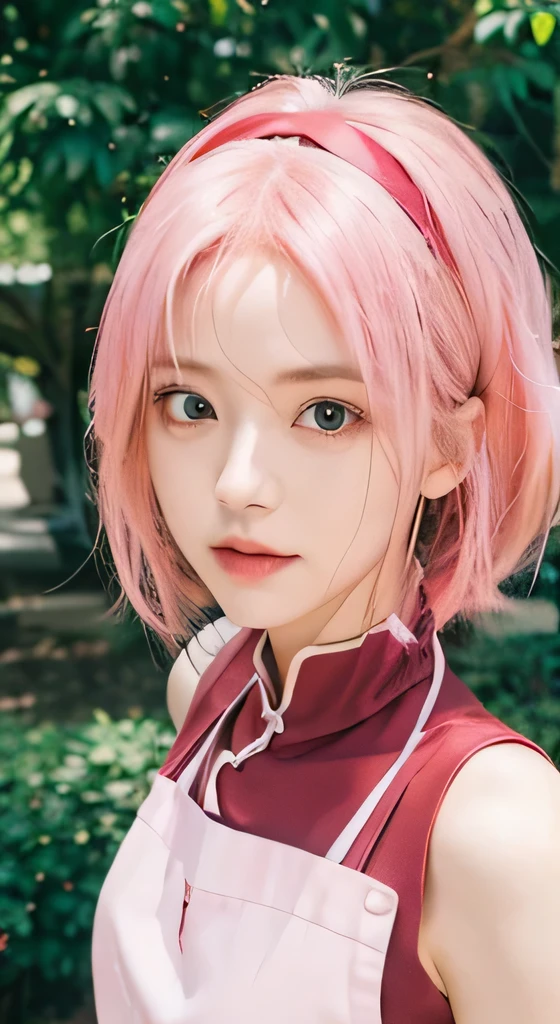 Live-action version of this character,Her name is Sakura Haruno from the anime Naruto,She has realistic pink hair and a red headband, Realistic same outfit, Realistic same apron, Beautiful Korean age face, Her eye color is green, Realistic Light, Realistic Shadows, realism, Ultra-realistic,(Realistic:1.2)