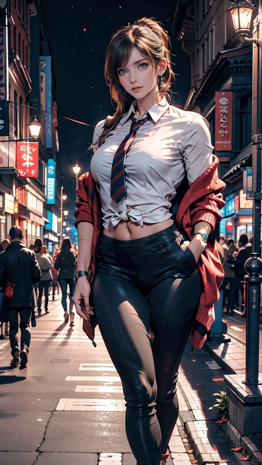 Highest quality, masterpiece, Cinema Lighting, Complex, cinematic detailed Realistic background, Detailed face, whole body, Small breasts, Realistic, Clear lines, , , A girl jogging, Cityscape, night, tie shirt, View your viewers, tattoo, Model pose, Open cardigan, Ring-shaped yellow eyes, Street lights, lamp post, Yoga pants, Split Color Hair, 、Sexy proportions、Narrow waist、Erotic female body