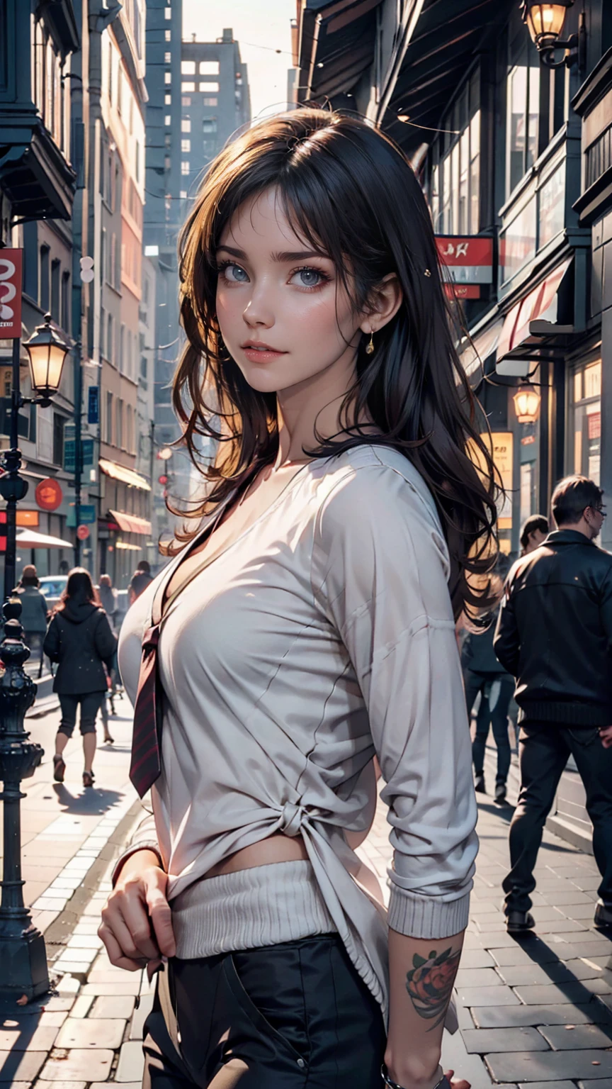 Highest quality, masterpiece, Cinema Lighting, Complex, cinematic detailed Realistic background, Detailed face, whole body, Small breasts, Realistic, Clear lines, , , A girl jogging, Cityscape, night, tie shirt, View your viewers, tattoo, Model pose, Open cardigan, Ring-shaped yellow eyes, Street lights, lamp post, Yoga pants, Split Color Hair, 、Sexy proportions、Narrow waist、Erotic female body