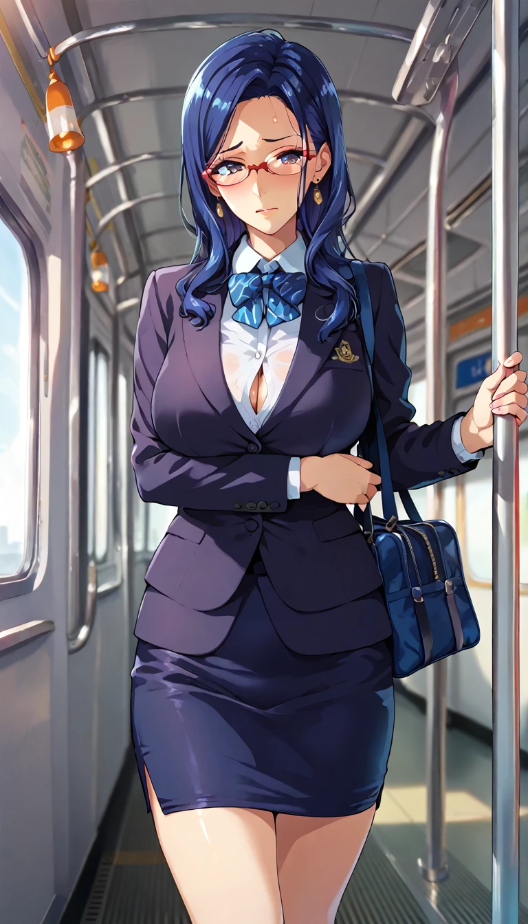 (masterpiece, best quality, ultra-detailed, high resolution, detailed eyes), takeda hiromitsu style, pov, cowboy shot, {1mature female}, (40 years old), earrings, glasses, (makeup:1.0), wavy blue hair, long hair, forehead, curvy body, black business suit, pencil skirt, standing, embarrassed, on train