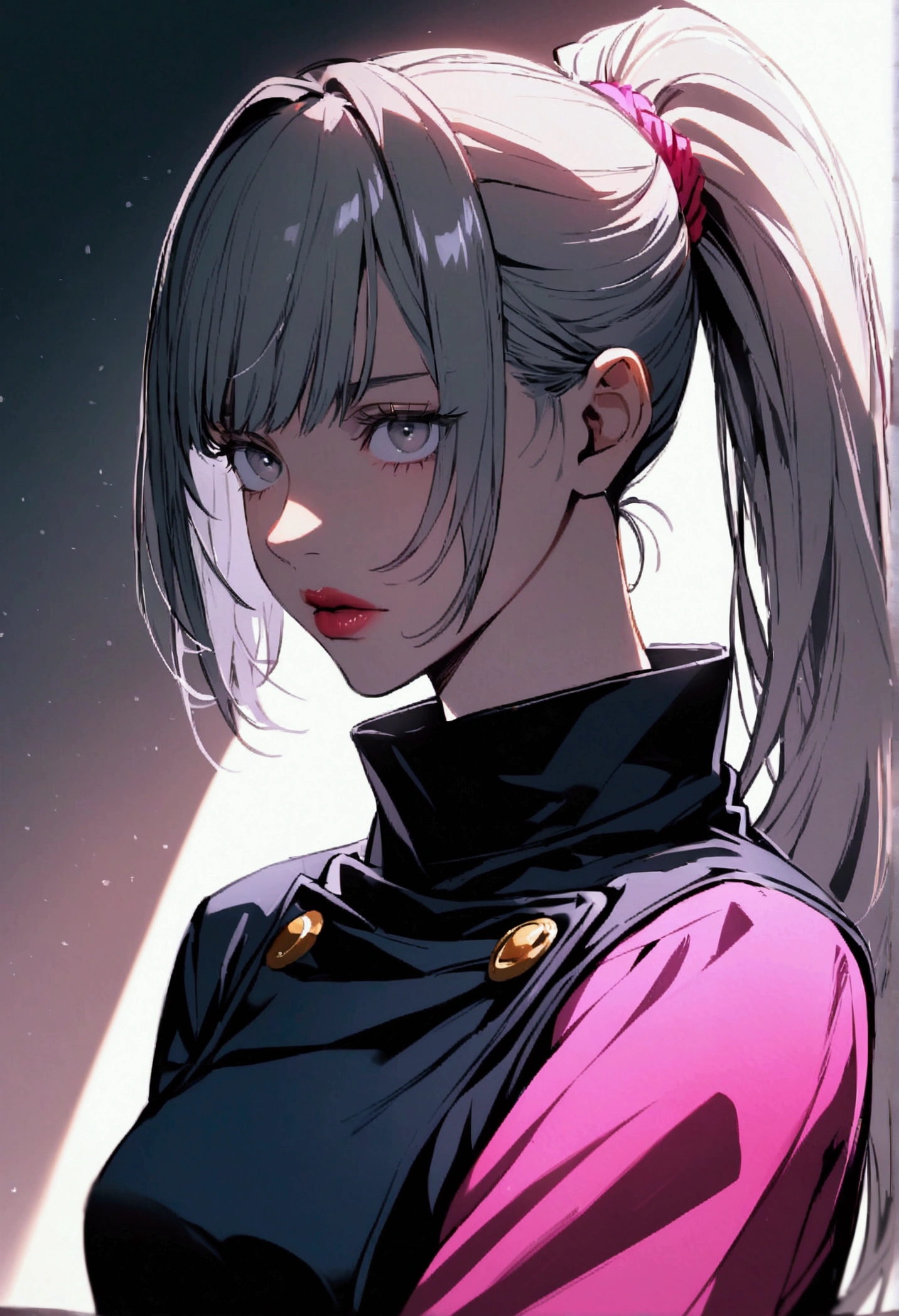 A girl with high long ponytail hair, with bright gray eyes, her lips are pink, He wears the uniform from the anime Jujutsu Kaisen and his left arm has shiny black spots.
