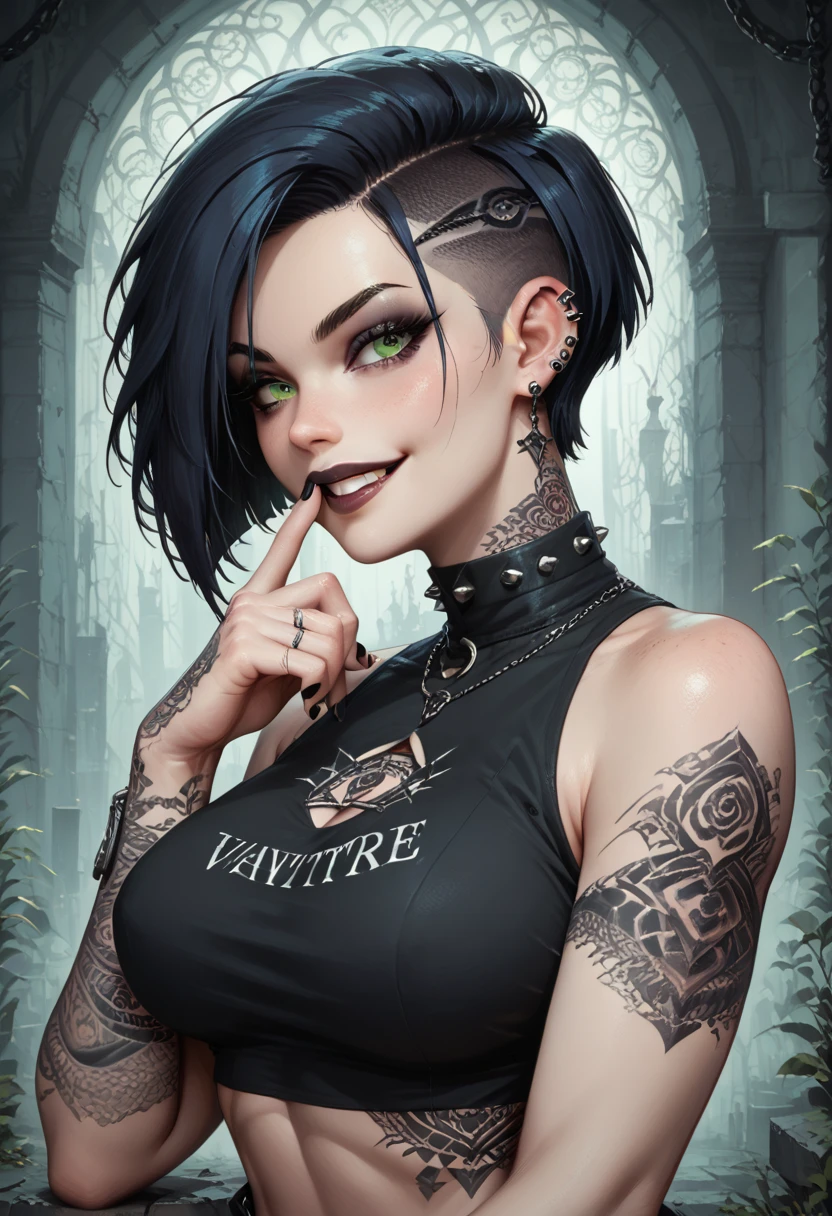  finger in own mouth,woman, goth, green eyes, short hair, undercut hair,sexy,good body,curvy,Shine,Posing in full growth,Black and red color of clothes,Body parts are visible,not naked,Attractive,evil smile,mystical atmosphere,Flirting with the audience,Bright purple eyes,Clear Elaboration of Details,Maximum Detail,high resolution,wallpaper,masterpiece,dark blue hair,The whole picture is clearly and clearly worked out,