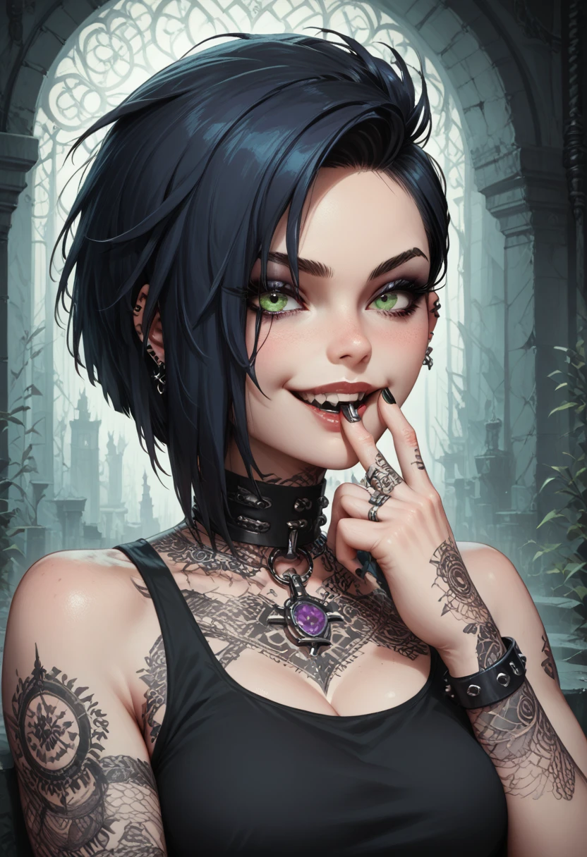  finger in own mouth,woman, goth, green eyes, short hair, undercut hair,sexy,good body,curvy,Shine,Posing in full growth,Black and red color of clothes,Body parts are visible,not naked,Attractive,evil smile,mystical atmosphere,Flirting with the audience,Bright purple eyes,Clear Elaboration of Details,Maximum Detail,high resolution,wallpaper,masterpiece,dark blue hair,The whole picture is clearly and clearly worked out,