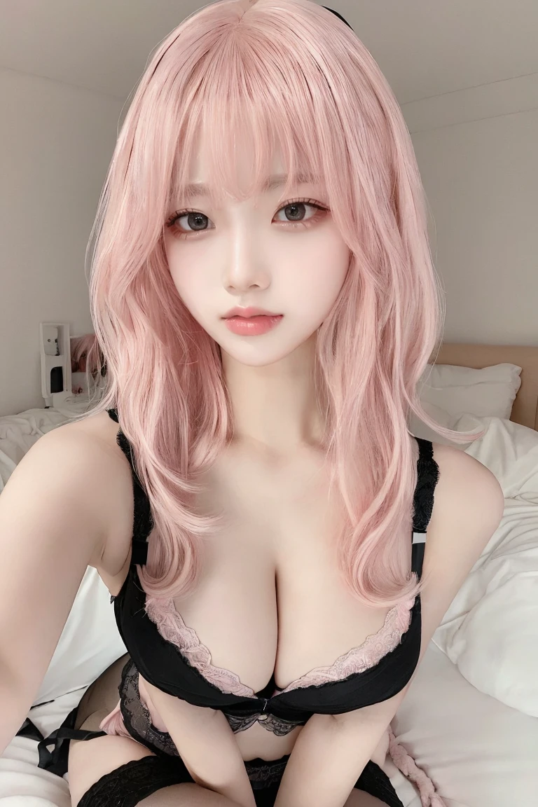 Belly button exposed、(Selfie:1.2)、(From above:1.2)、Cleavage:1.5、(Upper body close-up:1.8),(Pink Hair:1.5)、masterpiece、Highest quality、Extremely detailed 8K、Ultra HD、Very detailedな、Very detailed、Very realistic、Realistic、Japanese、One Girl、High head rate、Beautiful realistic face、Realistic face in every detail、Attention to detail, Realistic Hair、Beautiful and realistic hairstyles、Beautiful and realistic eyes、hVery detailed realistic eyes、Proportional eyes、HVery detailed pupils、Very detailedリアルな自然な眉毛、Very detailedリアルな唇、 Beautiful and realistic lips、Pink lipstick、Sexy lips、Realistic and well-proportioned breasts、Realistic medium sized breasts、Slim Abs、Very detailed皮膚、(Sexy black lingerie:1.5)、(black garter pantyhose:1.2)、(Sitting on a soft bed:1.5)、grin:1.8、From above、Cute room for female college students、White Wallpaper:1.8