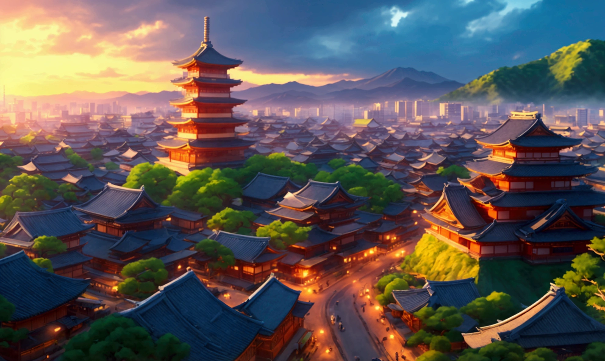 Depict an ultra-realistic aerial view in full HD 4K of a huge ancient Japanese city from the Taisho era, highlighting details of architecture and urban landscape. This portrait must be captured with detailed textures, an immersive atmosphere and high-definition shadow play to convey the grandeur and beauty of the city.