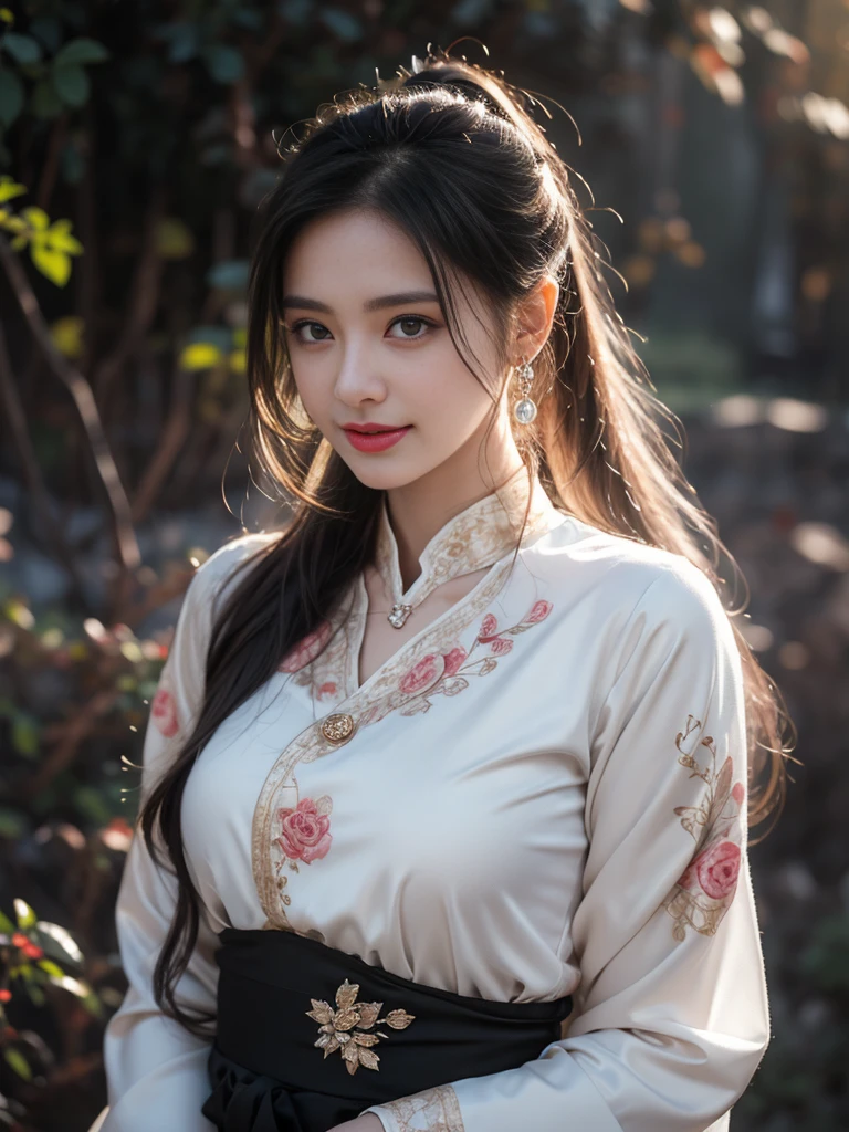 1 beautiful girl in Hanfu costume, ((thin black and white silk shirt with many patterns)), white lace shirt, long platinum purple ponytail. Hair, Jewelry, earrings, thin black silk scarf, carefully drawn big purple eyes, careful makeup, thin eyebrows, high nose, beautiful red lips, cheerful smile, pursed lips, rosy cheeks, wide chest, big chest, shapely chest, slim waist, shapely buttocks, purple mesh stockings, Chinese hanfu style, fictional art texture, many bright and realistic colors, RAW Photos, Realistic Photos , ultra high quality 8k surreal photo, (effective fantasy lighting effect: 1.8), 10 x pixels, magic effect (Background): 1.8), super detailed eyes, full body portrait of girl, vineyard, dynamic, pose