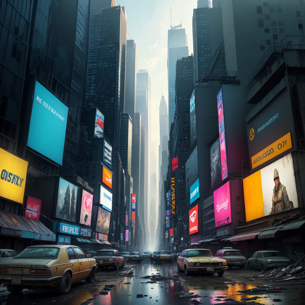There are many cars parked on the roadside, Post-apocalyptic New York, Cities are pure wastelands, post - Doomsday City streets, in a post Doomsday City, Doomsday City, Post-apocalyptic Tokyo, Post-apocalyptic Times Square, In a ruined cityscape, In a tropical dystopic city, Doomsday City backround, Detailed New York background, post apocalyptic streets