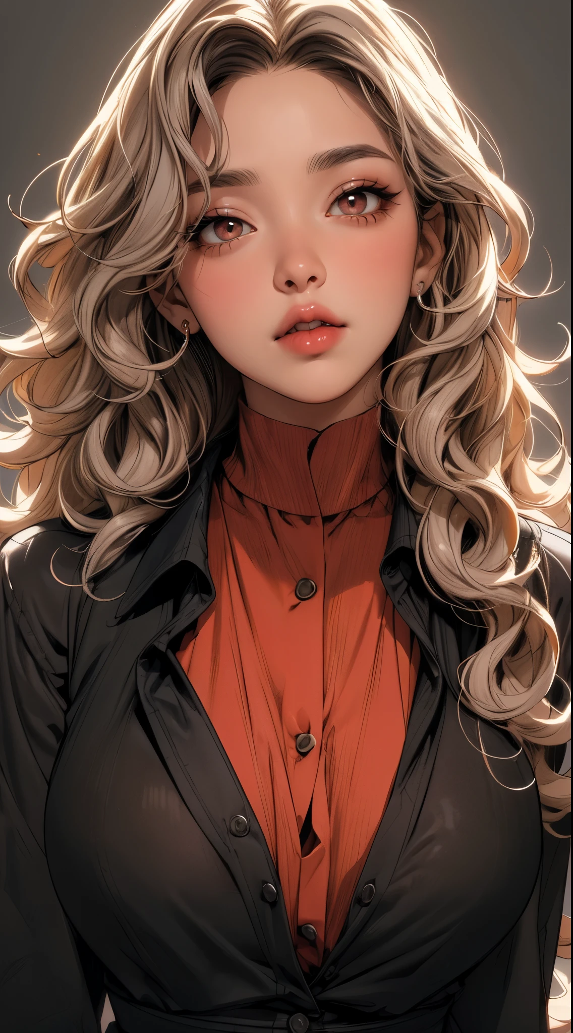 (best quality, masterpiece:1.2), Sketch full view of a hot looking dark brown skin 29 year old woman standing in front of us. She has brown eyes and long curly white hair. She has vampire fangs. She has a nice curve physique. She is wearing a solid slim button long sleeve shirt dress. Shadow background. Sketch. Shading. Lighting.