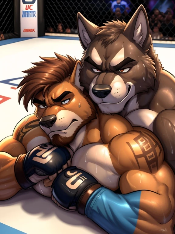 Duo male(Brown Dog vs Brown Wolf, handsomes, handsome hairstyle, Thick eyebrows, detailed face), gay(Lying down, cuddling embraced from behind, on a UFC match), hot(Shirtless), handsomes(They are handsomes, correct anatomy), musculosos(Big muscle bodies, Six packs, muscle abs, big pecs), sweaty(very sweaty wet bodies, shiny sweat), tatuajes(they have tattoos), grumpy(Both have an grumpy expression, grumpy teeths, steaming breath), UFC gloves(They both are wearing UFC gloves), Hight resolution, by(Zourik:1.1)