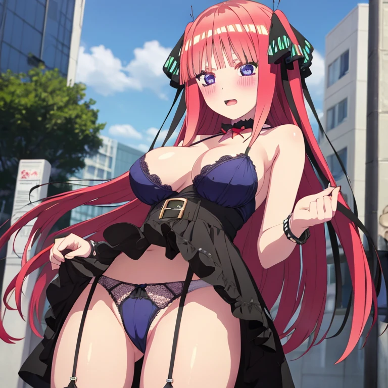 best quality, insanely detailed, nino nakano, breasts, blush, public background, bare-shoulder, a ribbon, stockings, pussy, blue lingerie garterbelt, cheerful eye, nsfw, Taut Underwear