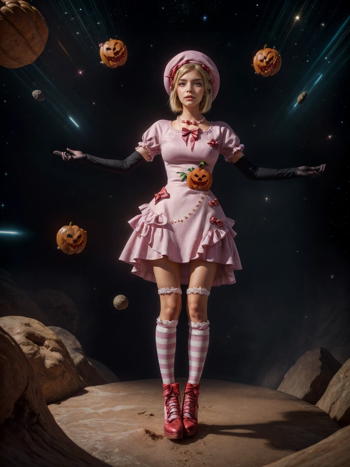 (1 lady), The beautiful, (Best quality at best:1.4), (ultra - detailed), (extremely detailed CG unified 16k), gold blonde hair, very detailed, High-definition RAW color photo, professional photoshooting, amazing face and eyes, cosmetics, (amazingly beautiful girl), ((lambdadelta, taller, tall woman)), ((dress, shoes bow, red shoes, striped stockings, red bow, pink hat, necklace, gloves, pearl, pumpkin brooch, pink dress)), levitating in a cute posture (floating in the air), (She's levitating in a cosmic sea, outer space:1.3, quantum hyperspace room lacking walls, hyperspace chamber, extremely detailed background, a lot of details background, realistic outer space background with stars quasars and cosmic bodies), (look from above), realistic cinematic face, head to feet long wide zoomed out view, full body long view, photorealistic, ((realistic natural blonde hair style, red eyes)), gorgeous, extremely beautiful face, perfect model beauty, pout mouth, Highly Detailed Face and Skin Texture, Detailed Eyes, Double Eyelids, Big Breasts, Persistent Stare, Faith Trance, (mystical stare, looking eternity), (masterpiece), best quality, high resolution, depth of field, cinematic lighting, amazing legs, pink combat boots, clear and well-cared skin