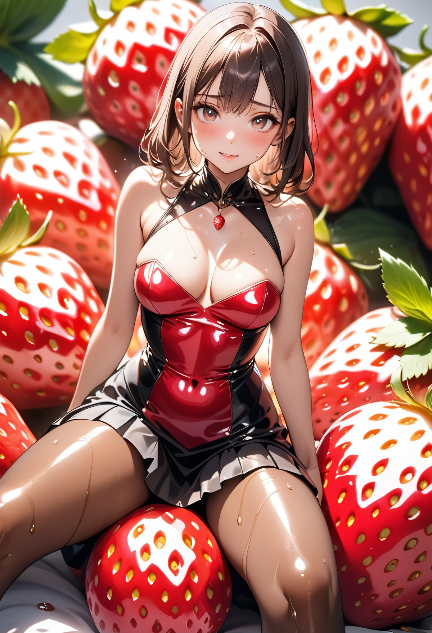 ((Strawberry-inspired costume)), ((skirt)), ((pantyhose)), ((Shiny Costumes)), skindentation, skinny, solo, 1 woman, Masterpiece, highest quality, highest quality, 16K, incredibly absurd, highly detailed, 2.5D, ai-generated, delicate and dynamic, very delicate facial expressions, delicate eye depiction, erotic, only sexy woman, ((A cute and kind face)), healthy figure, ((25-year-old woman)), 160cm tall, medium firm swaying bust, , blush, Sweat,Embarrassed,sexy, ((thin thighs)), (camel toe:0.7), (visible nipples:0.3), (Erect nipples,:0.7), shiny and lustrous, facing straight at viewer, (((in heat))), ((Oily_skin)), ((Lots of sweat)), (((Brown Skin))), ((dutch angle)), ((erotic pose)), (Sitting on a big strawberry),