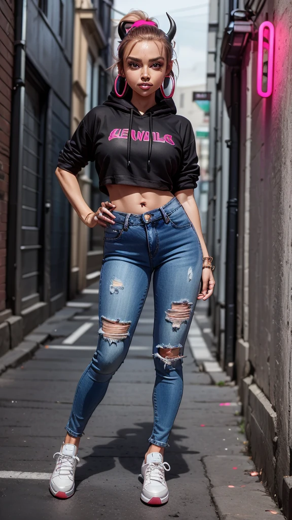 1female, deep crimson hair, styled in a high ponytail, fierce amber eyes, confident expression, black oni horns curving elegantly from her forehead, oversized graphic hoodie in neon pink, ripped black jeans, chunky white sneakers, silver hoop earrings, urban alley background with vibrant street art and neon lights, detailed face, hands to side, standing on path