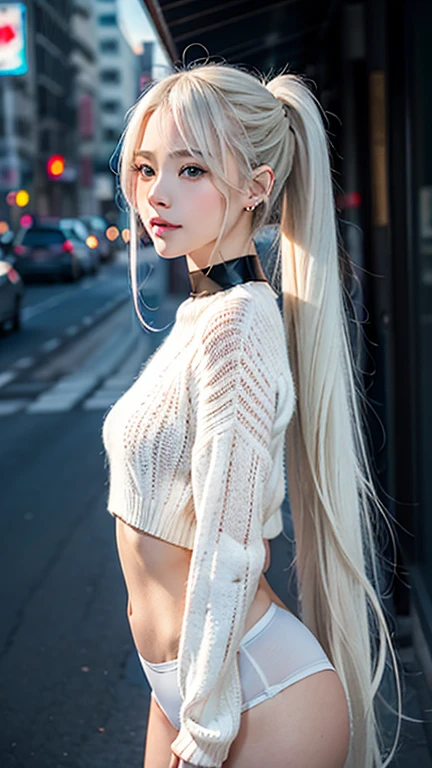 ((Virgin-killing sweater))Extraordinary sexy beauty、beautiful, calm and bright look、Sexy and refreshing look、完璧なbeautifulcute顔、Very bright, Bright Blue Eyes、Short Ponytail、Long bangs between the eyes、Long platinum blonde straight hair、beautiful facial hair、とてもcute、beautifully、Sexy young tiny woman、非常に完璧なbeautifulcute顔、beautiful clear cute eyes、Real17歳女性、cute,((Small breasts))、(((Long white hair)))、(())、) And a very slim figure,,,,,、Very thin leganicules、Earrings、Pink Lip、choker、Real、Sexual、Highest quality、Detailed face、Detailed Background、Depth of written boundary、whole body viewing angle、Sexual、alone、night,Highest quality、High resolution、超High resolution(Real:1.4)Detailed eyes、Gradation、Perfect anatomical figure、Woman with perfect body、Highly detailed skin、非常にDetailed face、細部までbeautiful目、Background blur、