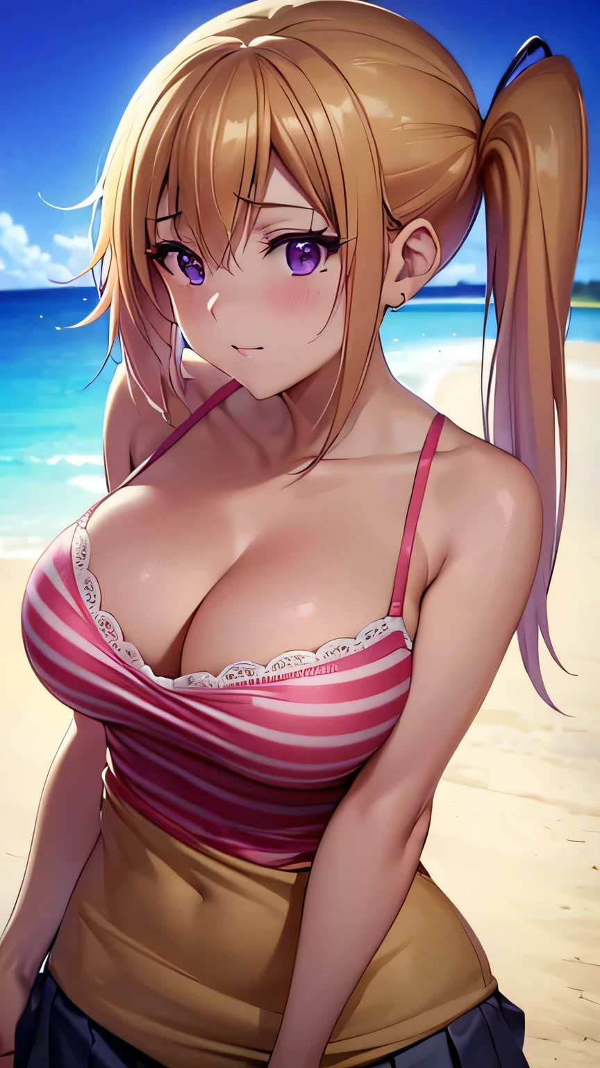 Perfect composition,masterpiece, (Highest quality), Adult women, bionde, Hair length, Side Ponytail, Purple eyes,sweater, skirt,Huge Cleavage,Sexy woman, Embarrassing,blush, Bright colors,,Natural soft light,RTTX 10.0, (Detailed face:1.2), Showcase, (Perfect Eyes:1.1) ,(Photorealistic:1.1), 8k Ultra HD, Look at the viewers, Seaside, beach, Simple Background,(Cleavage:1.4),Tremendously large bust,Huge bust,(throw,Close-up shot:1.2),From the top of the head to the waist,