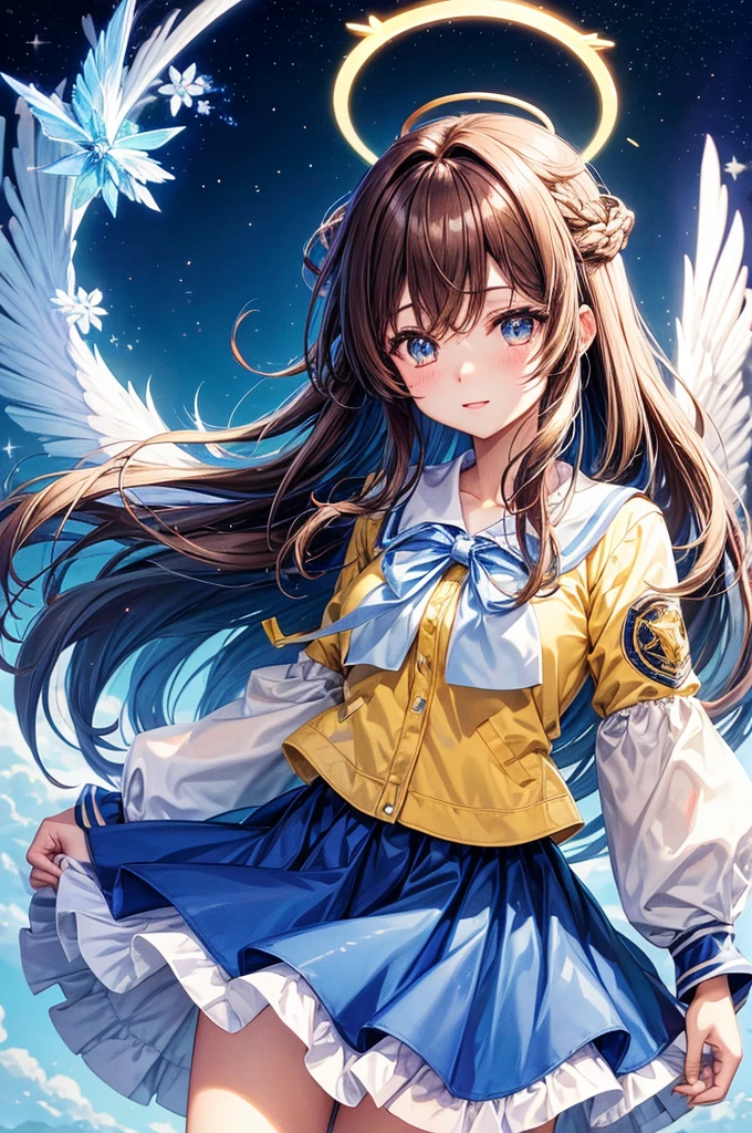 cute anime girl flying into the night sky with clouds, wings made of crystals, halo is blue, hair is brown, eyes are red, white top, yellow skirt, light blue jacket with white flowers