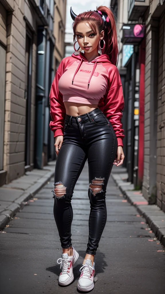 1female, deep crimson hair, styled in a high ponytail, fierce amber eyes, confident expression, black oni horns curving elegantly from her forehead, oversized graphic hoodie in neon pink, ripped black jeans, chunky white sneakers, silver hoop earrings, urban alley background with vibrant street art and neon lights, detailed face, hands to side, standing on path