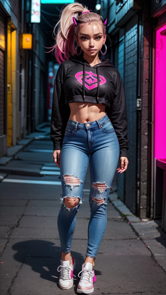 1female, deep crimson hair, styled in a high ponytail, fierce amber eyes, confident expression, black oni horns curving elegantly from her forehead, oversized graphic hoodie in neon pink, ripped black jeans, chunky white sneakers, silver hoop earrings, urban alley background with vibrant street art and neon lights, detailed face, hands to side, standing on path