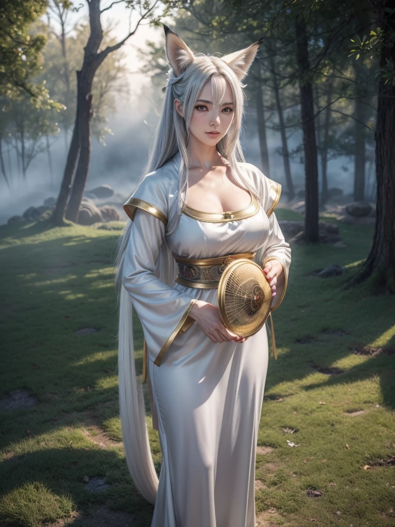 4K anime style quality, digital drawing mode, Japanese folklore-themed anime female character, silvery white hair with fox ears and tails, bright gold eyes, wearing a traditional dress with magical runes, holding a mystical fan, Blur the background to create a three-dimensional effect, atmosphere, standing in a serene feudal Japan village, radiant skin, flowing hair, glossy lips, protective eyes, full body, dynamic pose, life size, perfect anatomy, detailed skin texture, full HD, 4K, HDR, perfect anatomy, depth of field.