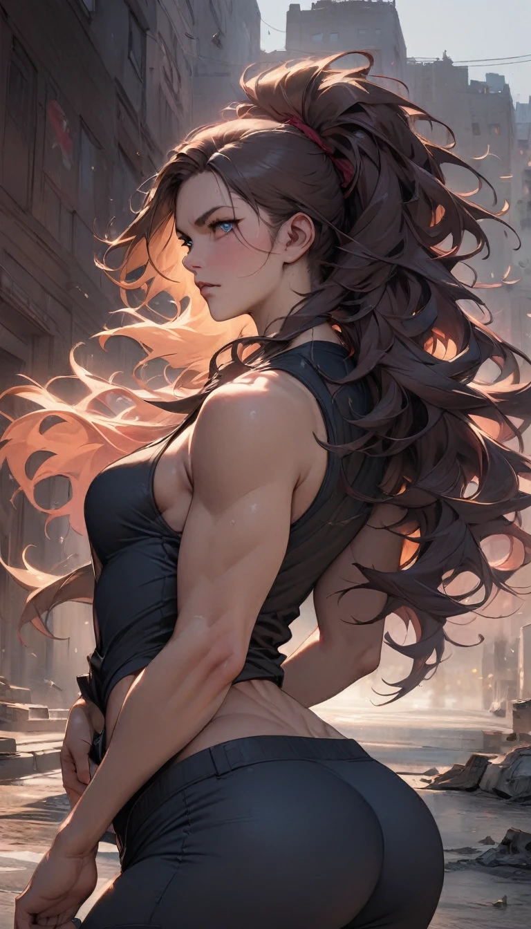 best quality,4k,8k,highres,masterpiece:1.2),ultra-detailed, extremely detailed eyes, extremely detailed body, (large masterpiece digital art), (detailed manga illustration), (detailed line art), ((perfect anatomy)), (intricate details:1.3), (ultra-detailed:1.3), (illustration:1.3), (sharp focus:1.3), (natural lighting:1.05), (vivid colors:1.3), (masterpiece), (best quality:1.4), (perfect anatomy:1.4), high quality, expressive eyes, full body, detailed face, beautiful face, perfect face, 1boy, angry, ((male focus)), muscular, detailed messy hair, long hair, brown hair, blue eyes, t-shirt, jean pants, sneakers, cinematic lighting, dramatic atmosphere, Atey Ghailan, Jeremy Mann, Greg Manchess, Antonio Moro, trend in ArtStation, trend in CGSociety, Intricate, High Detail, Sharp focus, dramatic and photorealistic painting art by Midjourney and Greg Rutkowski, Jeff Bridges, ((cartoon style)), Marvel Cinematic Universe style, (((ruined city in the background))),