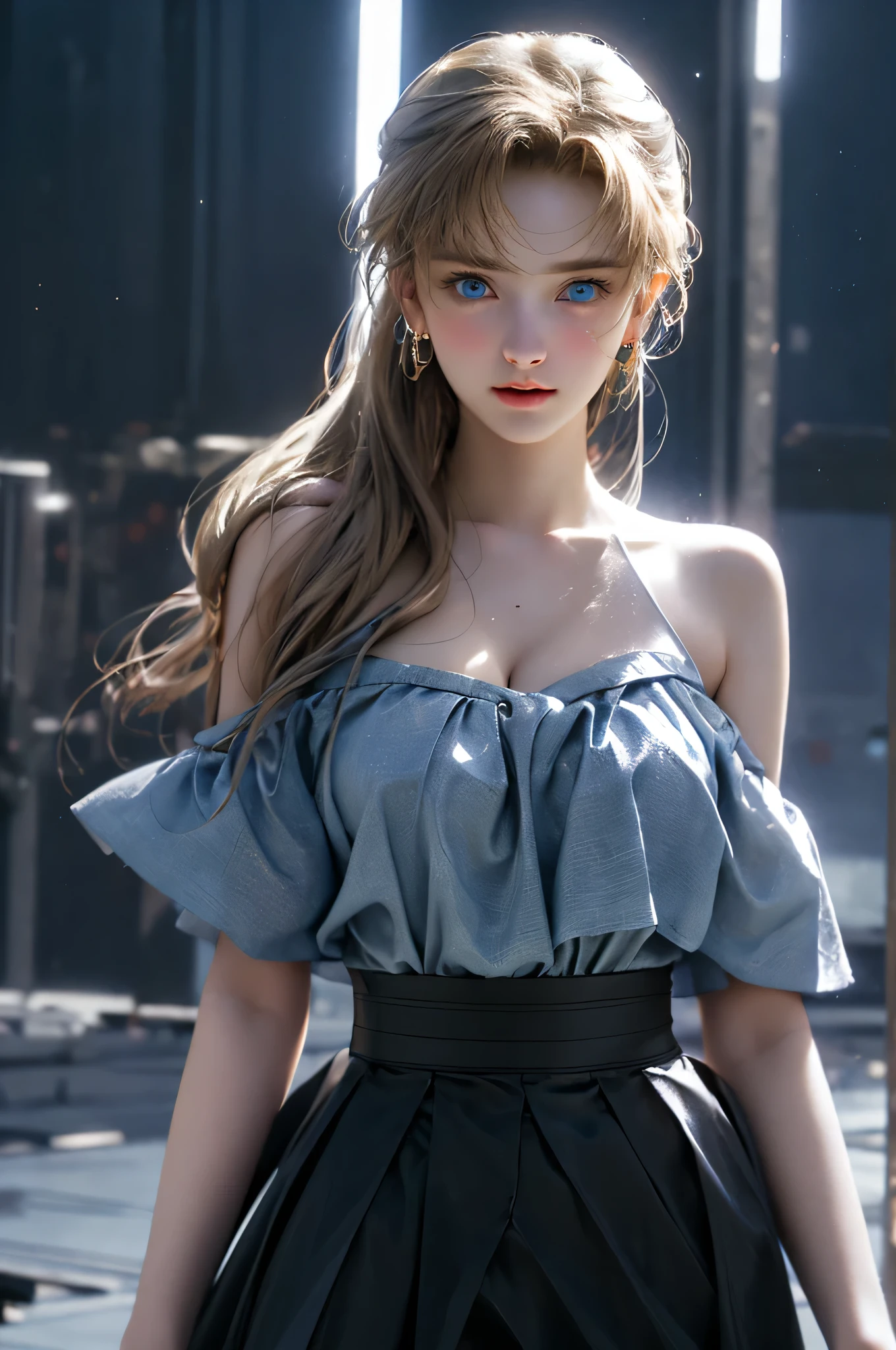 (Girl in a semi-transparent one-shoulder black miniskirt dress), (フォトRealistic:1.4), (ハイパーRealistic:1.4), (Realistic:1.3), (Smooth lighting:1.05), (Cinematic Lighting Quality Improvements:0.9),. 32K, 1 Girl,20 year old girl, Realisticライティング, Backlight, Face light, Ray-tracing, (Glows brightly:1. 2), (Image Quality Improvement:1.4), (Highest quality realistic textured skin:1. 4),(Big Blue Eyes), Detailed drawn eyes、Detailed painted face、Fine textured eyes、(tired、sleepy、satisfaction:0.0)、Close-up of face、A shirt that shows off a lot of cleavage、(Accentuates the body line:1.1)、(Beautiful textured skin:1.1)