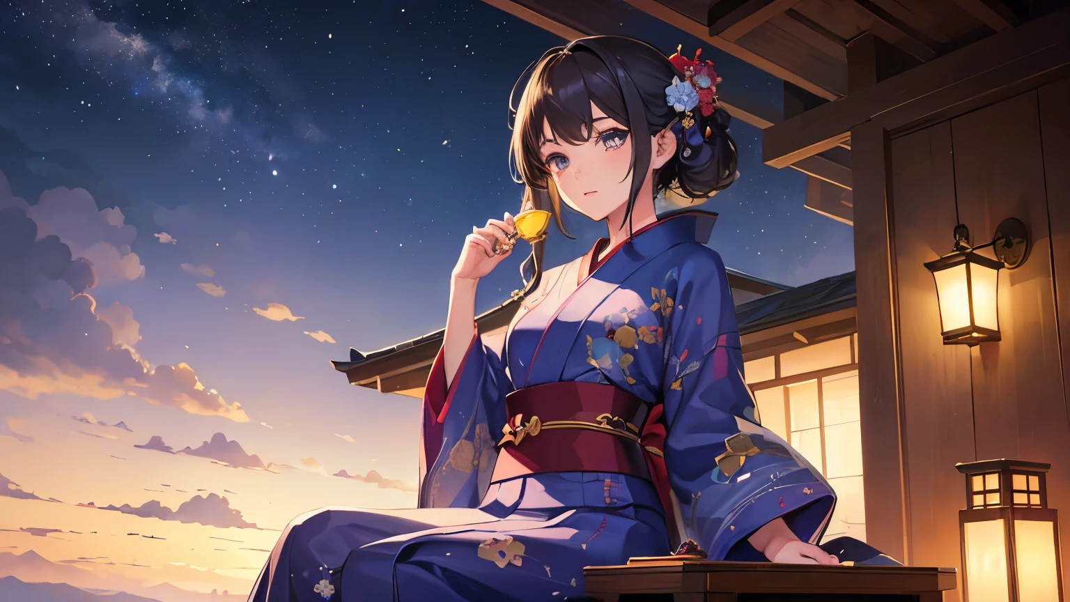 masterpiece,highest quality,((Super Detailed Woman1)),Super detailed face,Super detailed eye,yukata,Sitting,day time,Fantasy,Calm,nebula,High resolution