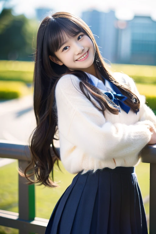(((masterpiece))), (((Full body photo)))， (Beautiful Japanese Girl, Innocence，cute) ，Ultra-high resolution, Realistic, Ultra-detailed, 8k,Highest quality, Very detailed, Detailed Background,Slender,とてもBeautiful Japanese Girl, Detailed face:1.3), (Fluffy long hair,Black-haired :1.4), (Baby Face，cute系,Adorable 12 year old girl), (Perfect body:1.1),，Cute Smile:、show me your beautiful teeth、非常にDetailed face、Detailed lips、Detailed eyes、 gravure idol，Clear Skin、Realistic:1.37，No makeup，Neutral lighting,(Highest quality, masterpiece), (One girl, alone, school uniform,Navy blue jumper skirt,,Are standing , View your viewers, Beautiful clavicle、have a paperback book、Mouth closed, Upper Body),(at the library)
