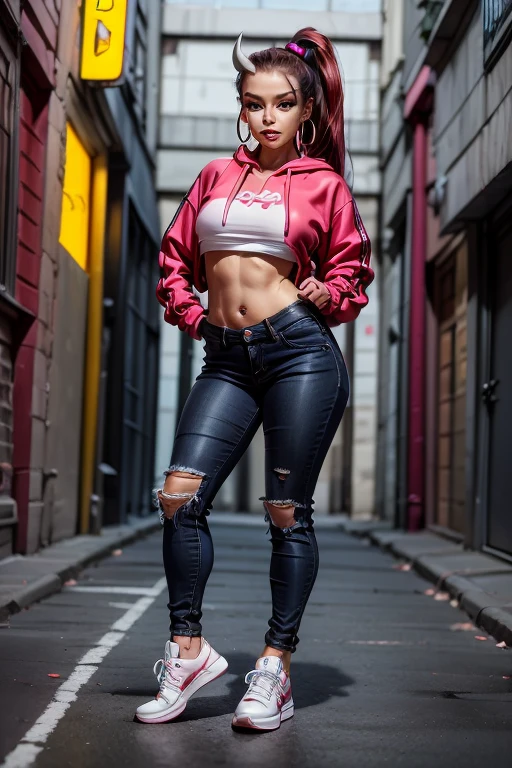 1female, deep crimson hair, styled in a high ponytail, fierce amber eyes, confident expression, black oni horns curving elegantly from her forehead, oversized graphic hoodie in neon pink, ripped black jeans, chunky white sneakers, silver hoop earrings, urban alley background with vibrant street art and neon lights, detailed face, hands to side, standing on path