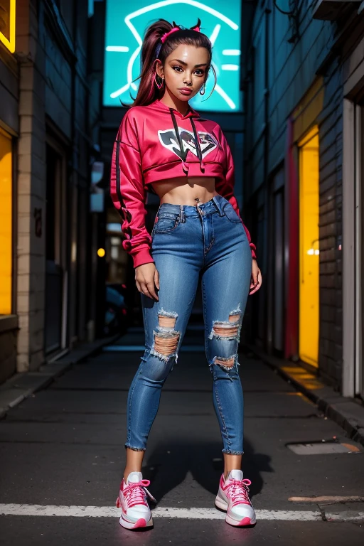 1female, deep crimson hair, styled in a high ponytail, fierce amber eyes, confident expression, black oni horns curving elegantly from her forehead, oversized graphic hoodie in neon pink, ripped black jeans, chunky white sneakers, silver hoop earrings, urban alley background with vibrant street art and neon lights, detailed face, hands to side, standing on path