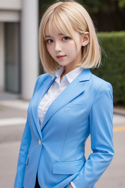 A beautiful girl、uniform、White shirt、Short cut ,light Blue blazer、Beautiful blonde、high resolution、Upper Body、Bust size is I cup